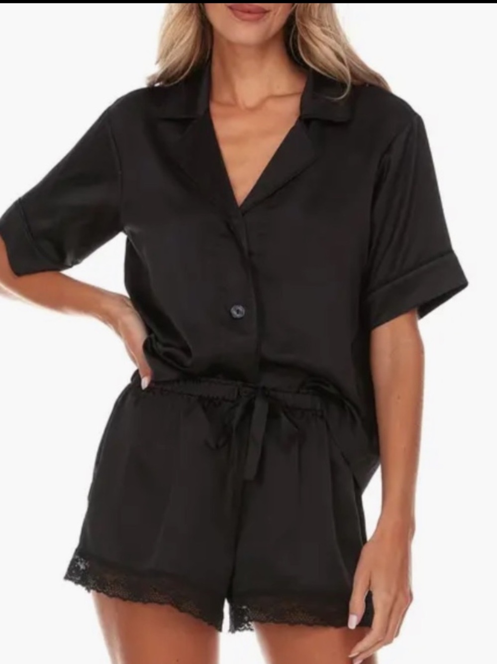 Flora Nikrooz Black Satin Short Sleeve Pajama Set with Lace Hem Sz Small NWT
